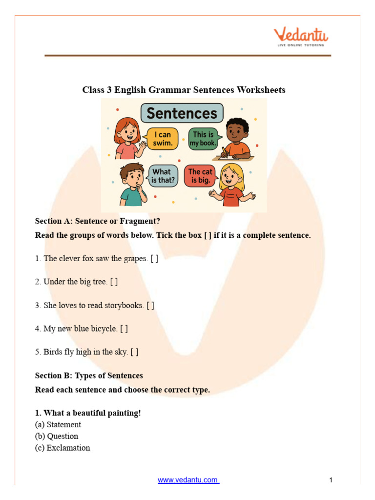 Class 3 English Grammar Sentences Worksheet With Answers | PDF