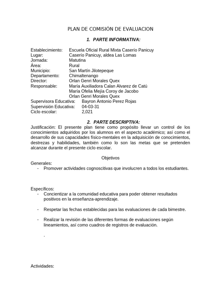 Plan de Comisión de Evaluacion 2021 | PDF