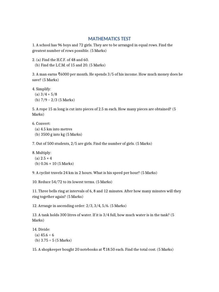 Maths Test Decimals, Fractions, Factors and Multiples | PDF