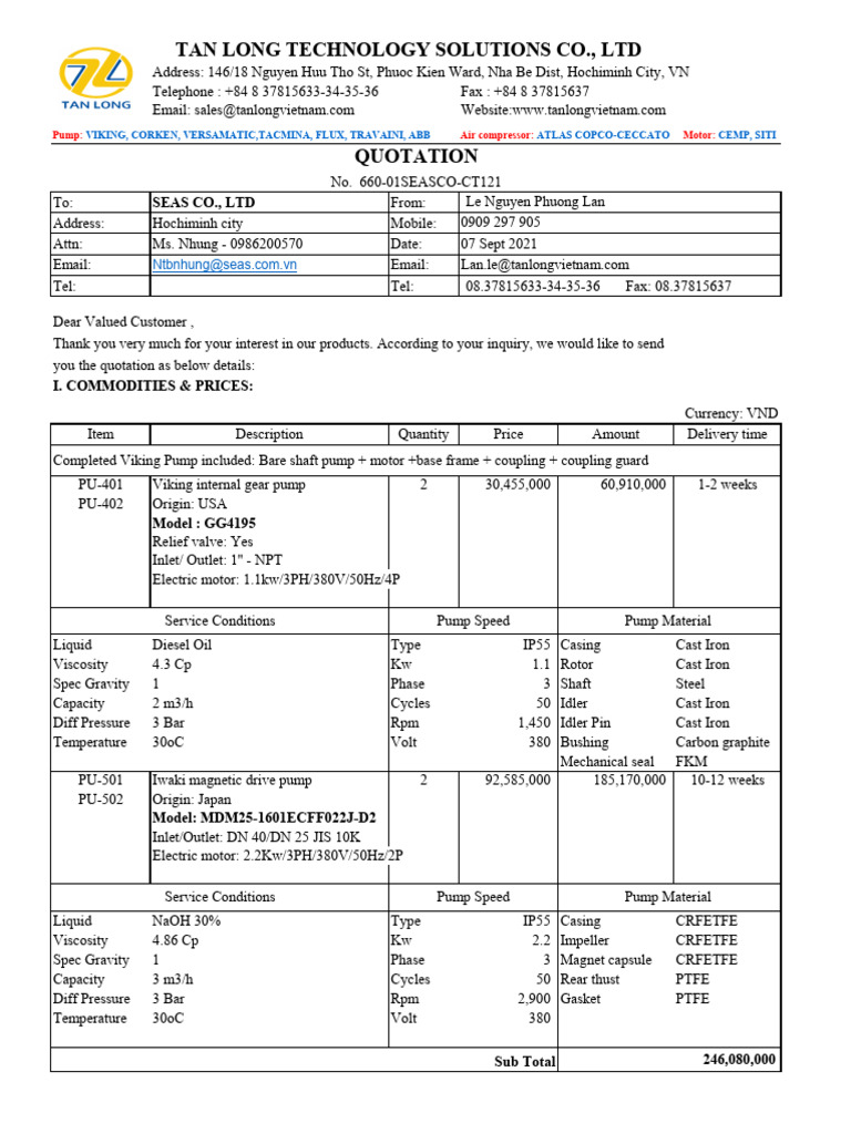 Quotation - Seasco - Viking - 07092021 | PDF | Pump | Mechanical ...