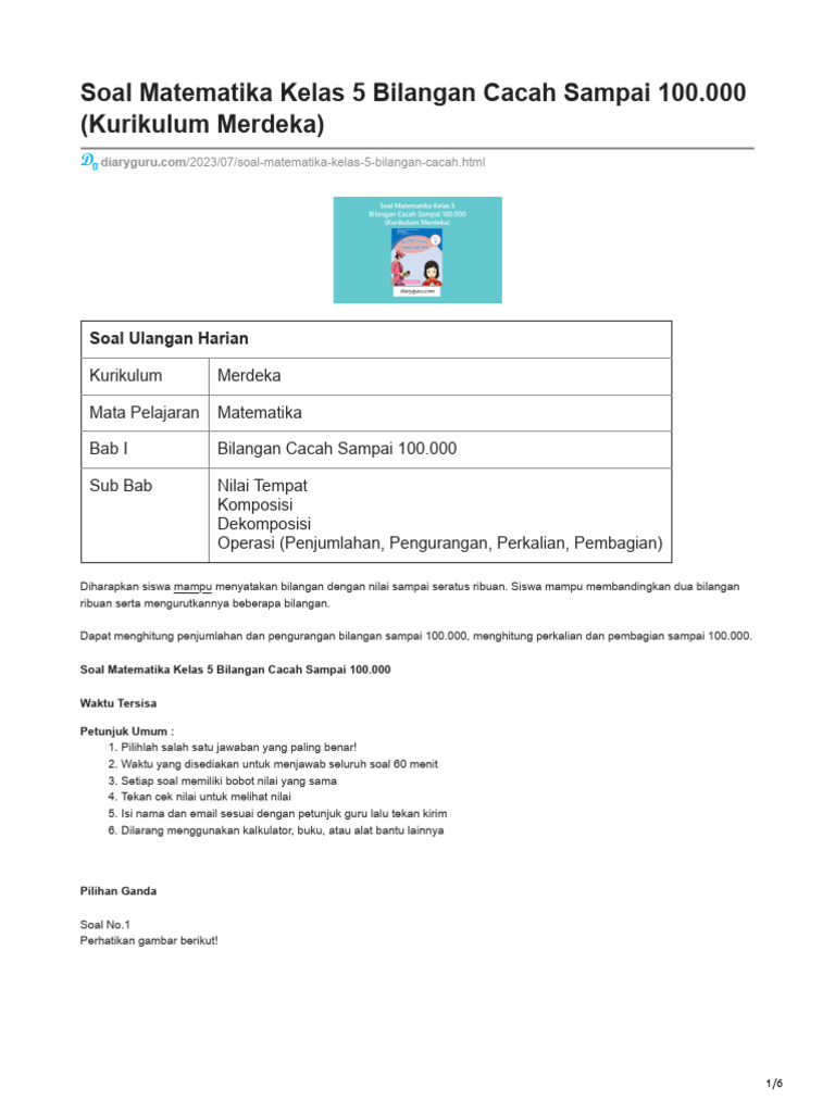 Soal Matematika Kelas 5 Bilangan Cacah Sampai 100000 Kurikulum Merdeka ...