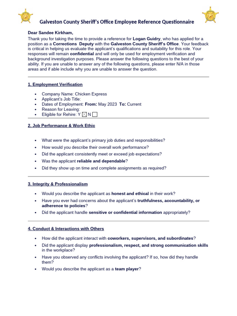 Professional Reference Questionnaire For Logan Guidry From Sandee ...