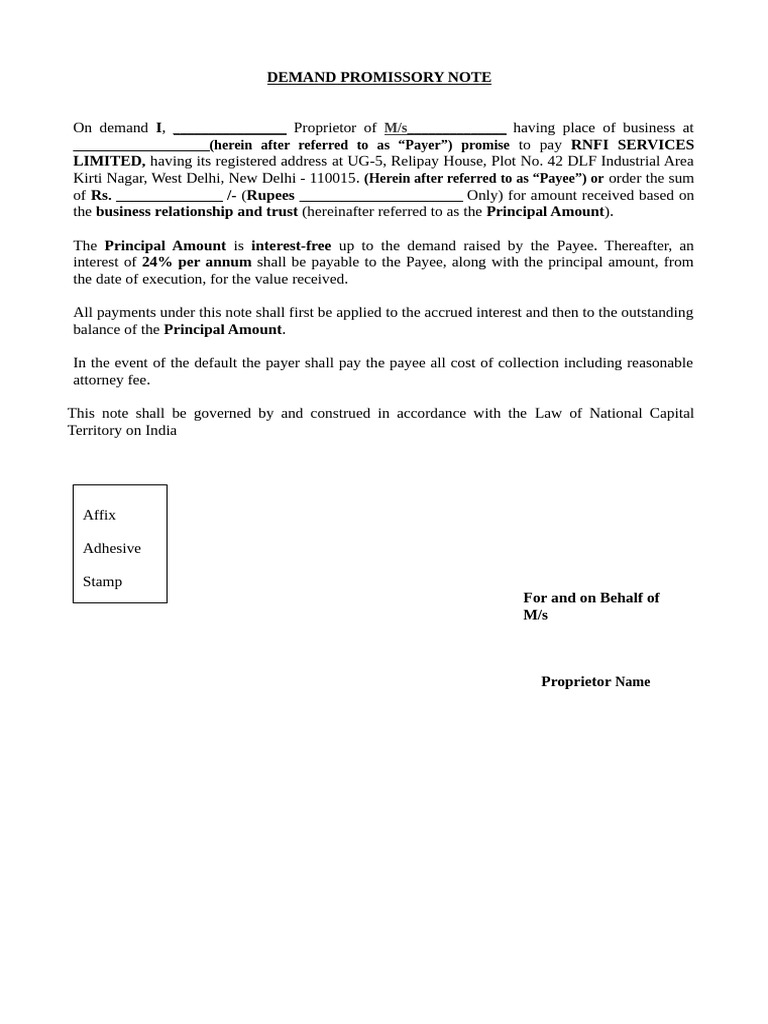 Demand Promissory Note - Proprietoship Firm | PDF
