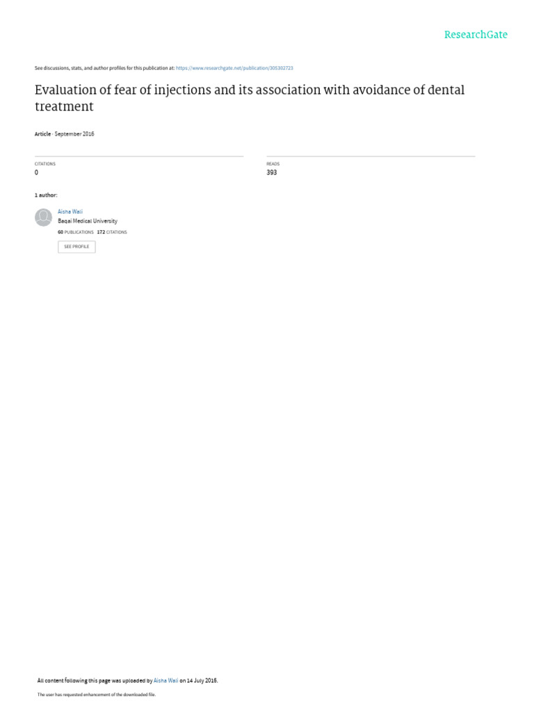 Evaluation of Fear of Injections and Its Association With Avoidance of ...