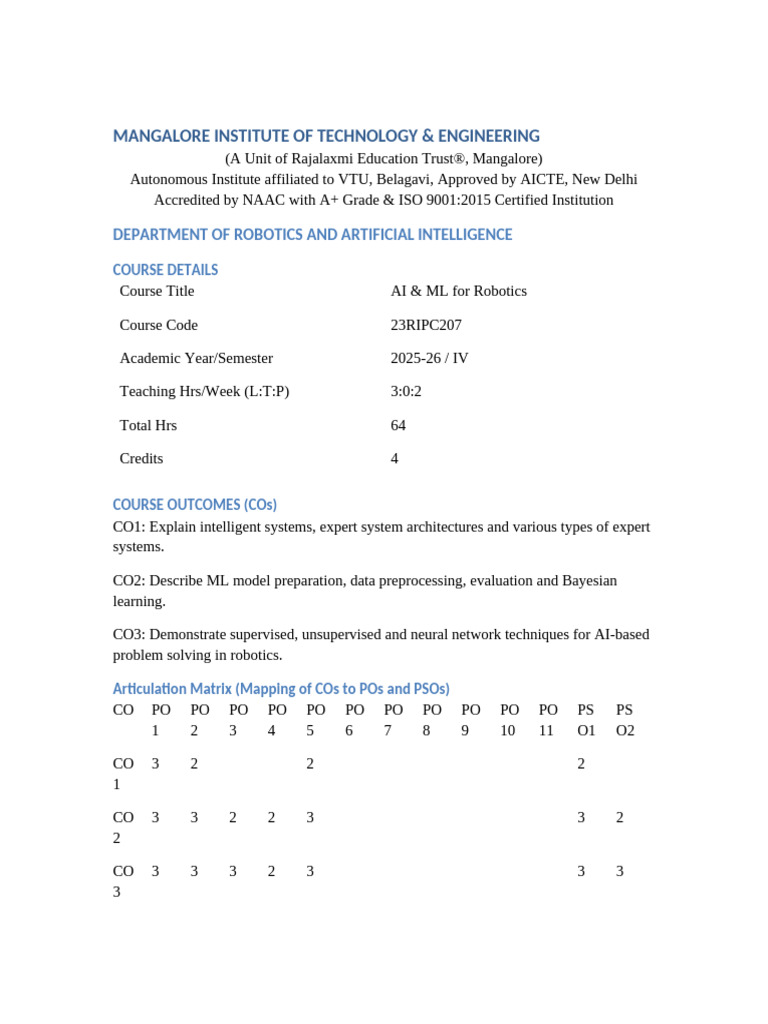 AI ML For Robotics CO PO Justification | PDF | Machine Learning ...
