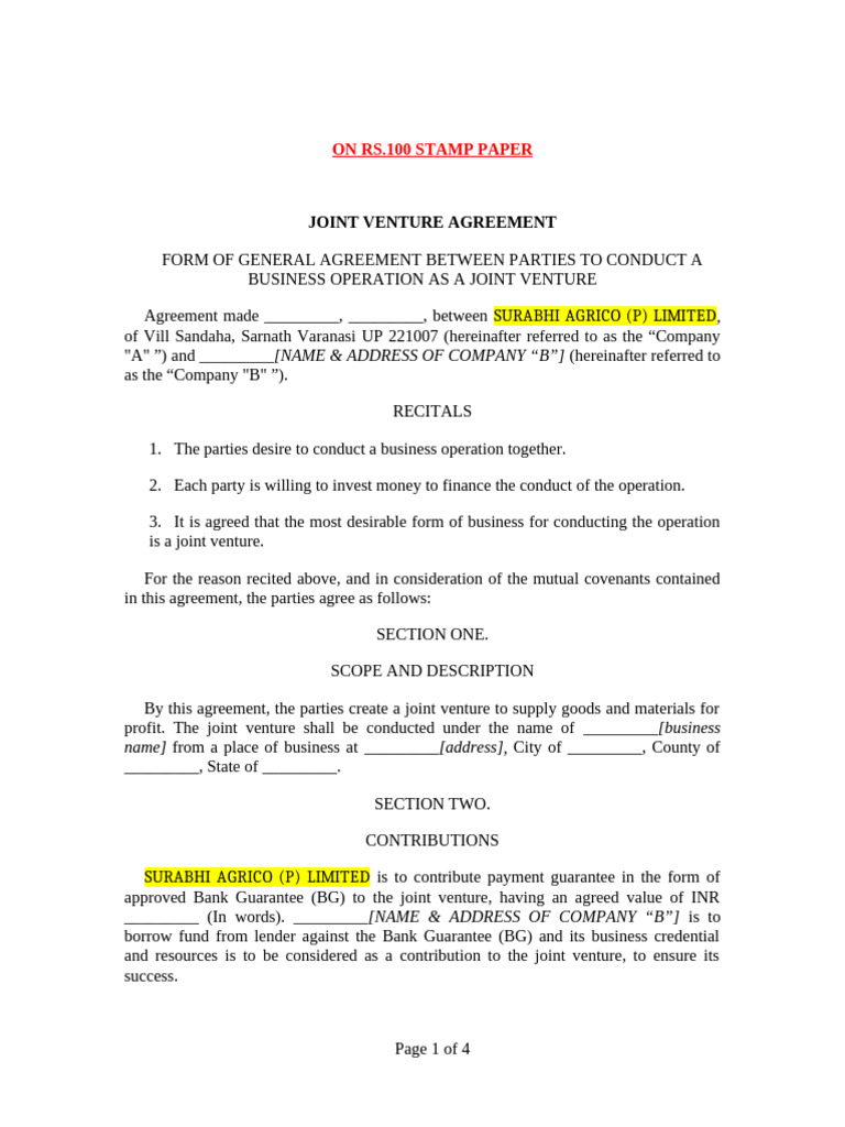 JV Agreement | PDF | Joint Venture | Business Law