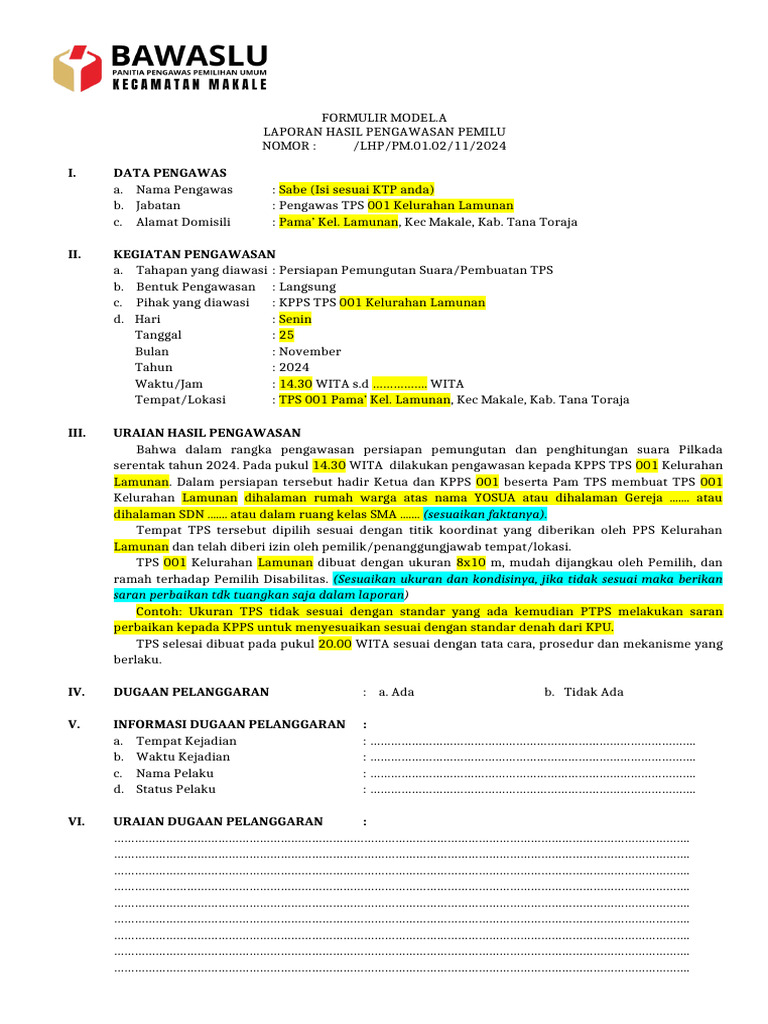 FORM A Pembuatan TPS Pilkada 25 Nov 2024 | PDF