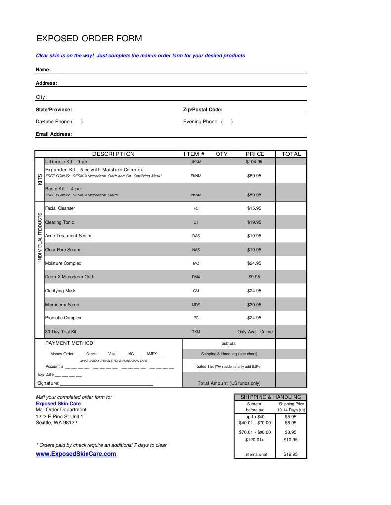 Skin Care Products Order Form | PDF