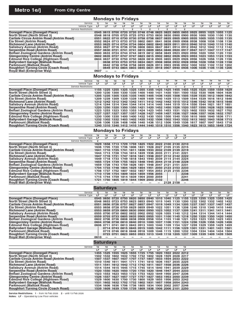 Timetable Metro 1e City Centre - Roughfort 01-September-2025-30-June ...