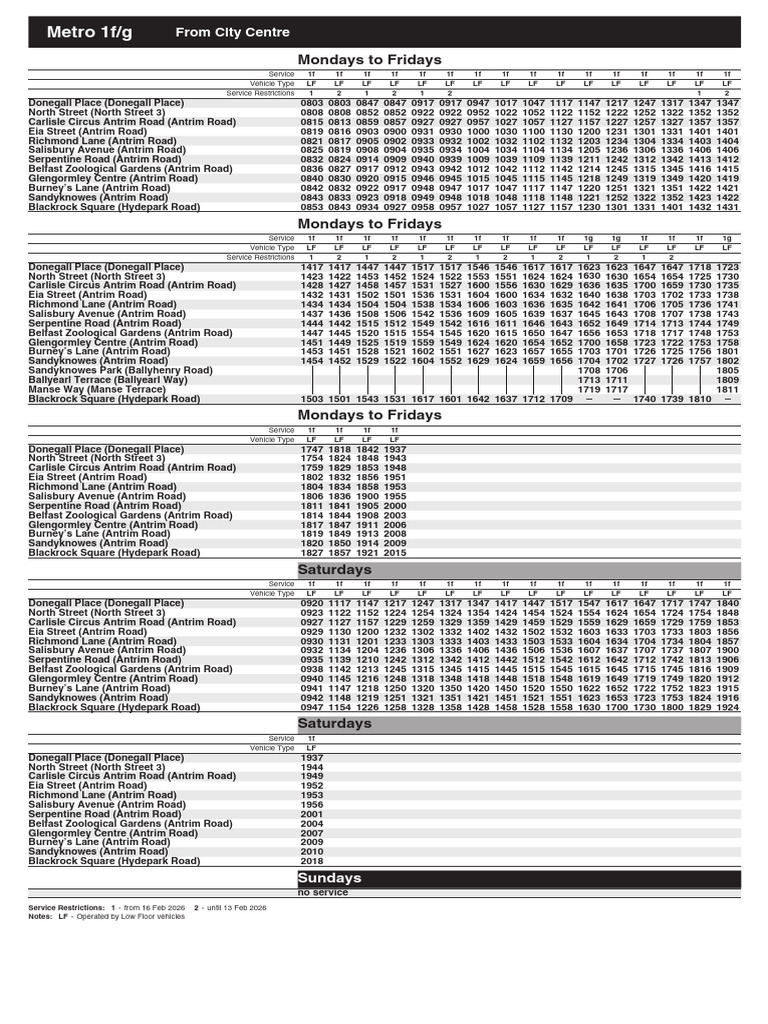 Timetable Metro 1g City Centre - New Mossley 01-September-2025-30-June ...