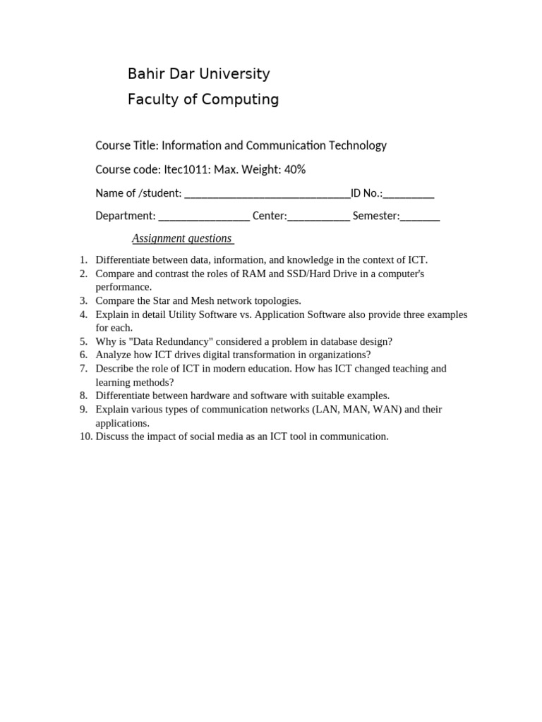 Itec1011 Information and Communication Technology Assignment | PDF