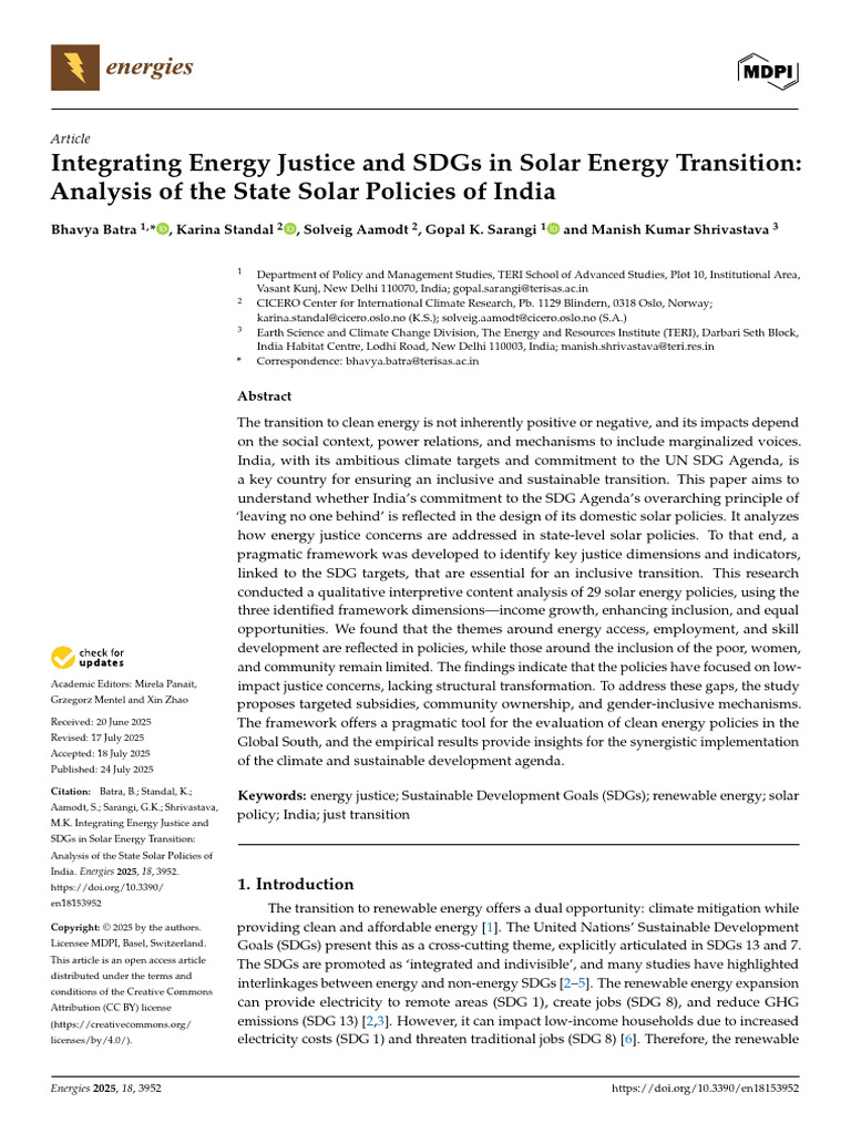 Integrating Energy Justice and SDGs in Solar Energy Transition | PDF ...