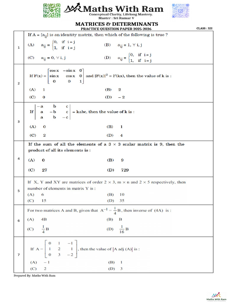 Matrices and Determinants Practicepaper Mathswithram | PDF