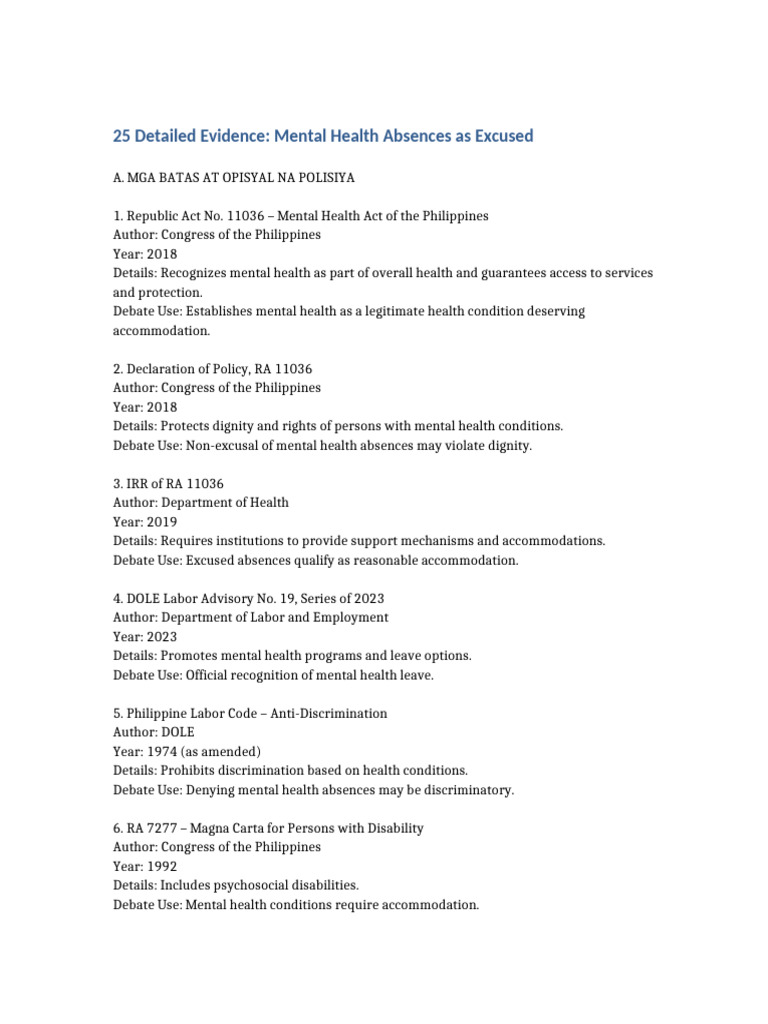 25 Evidence Mental Health Absences | PDF | Mental Health | Mental Disorder