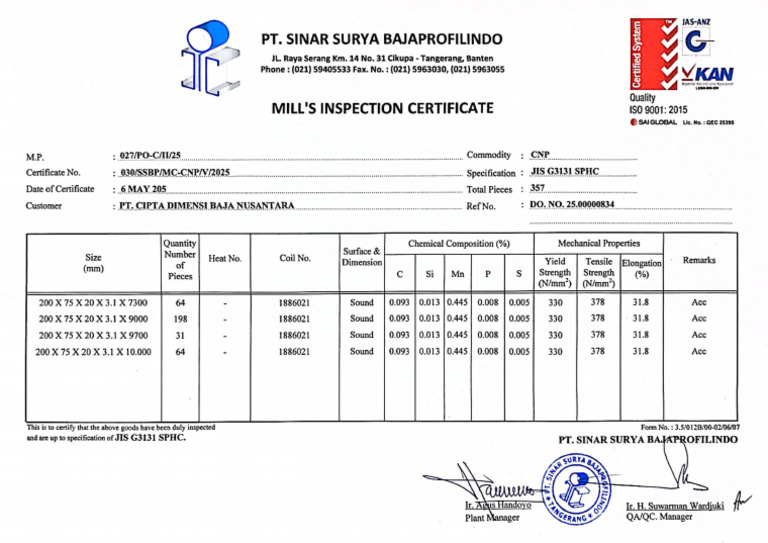 Mill Certificate CNP 200 X 75 X 20 X 3.1 SSBP | PDF