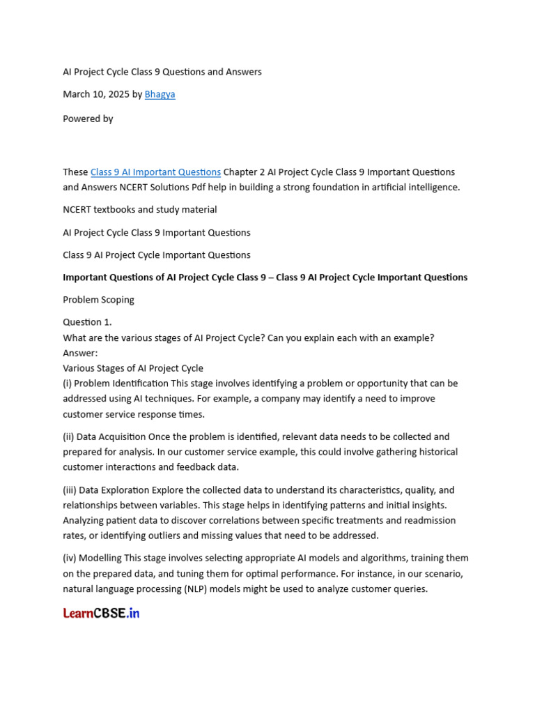 AI Project Cycle Class 9 Questions and Answers | PDF | Artificial ...