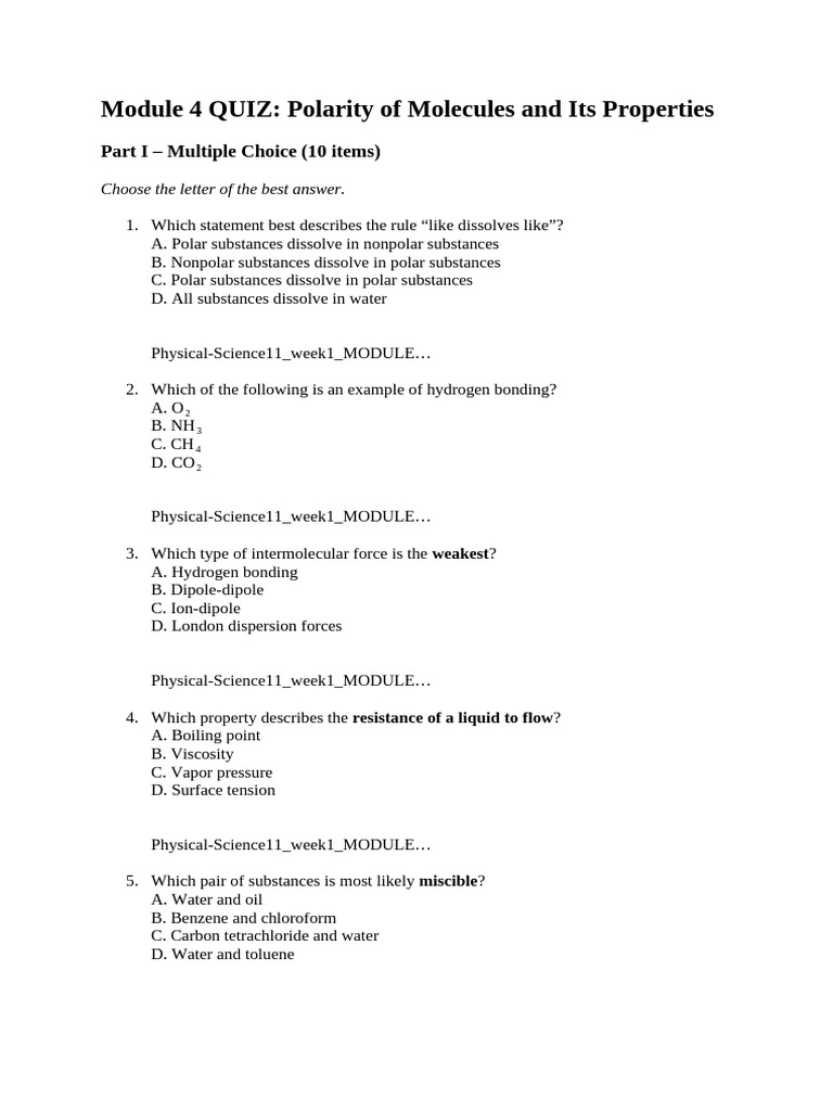 Module 4 Quiz PhysicAL SCIENCE | PDF | Chemical Polarity ...