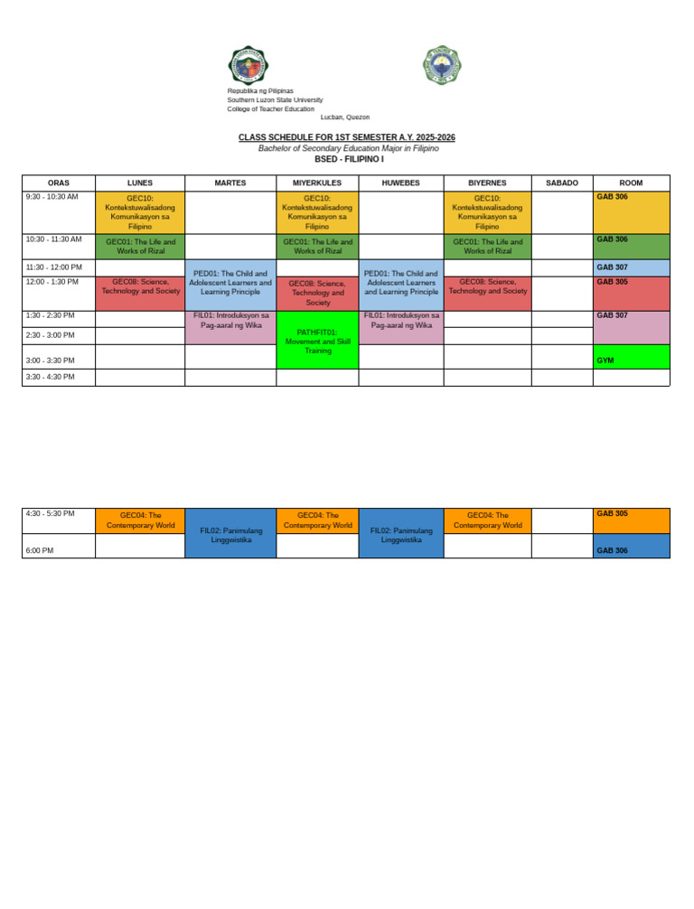 Class Schedule - Filipino I | PDF