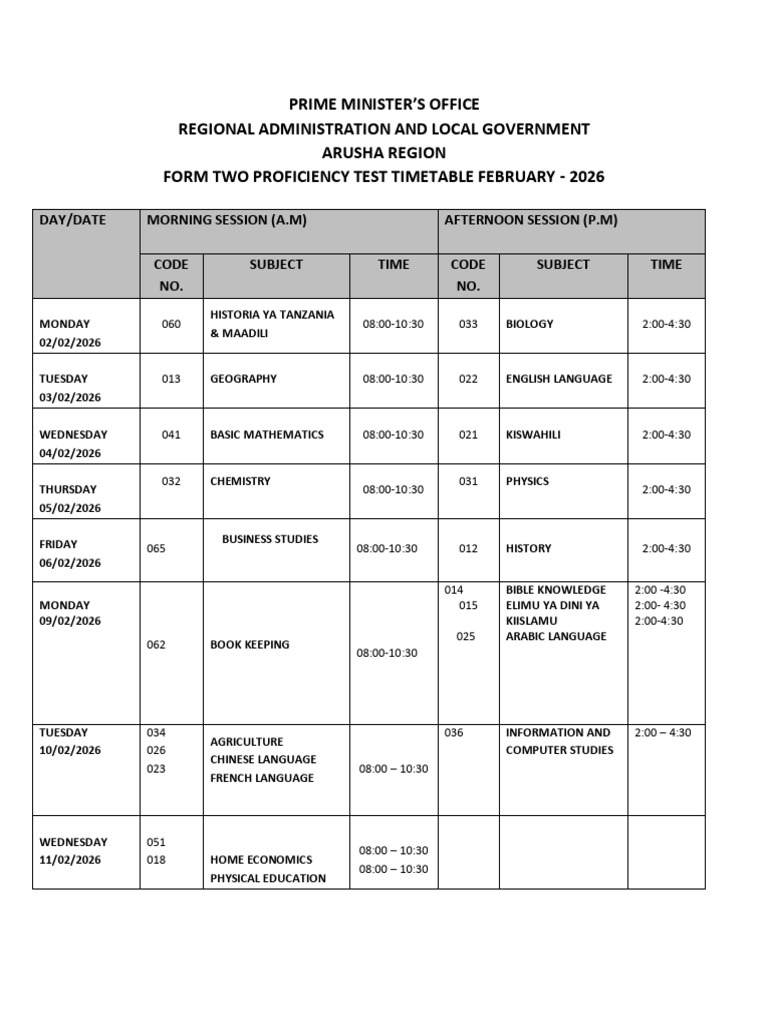 Form Two Proficiency Test Timetable Feb 2026 | PDF