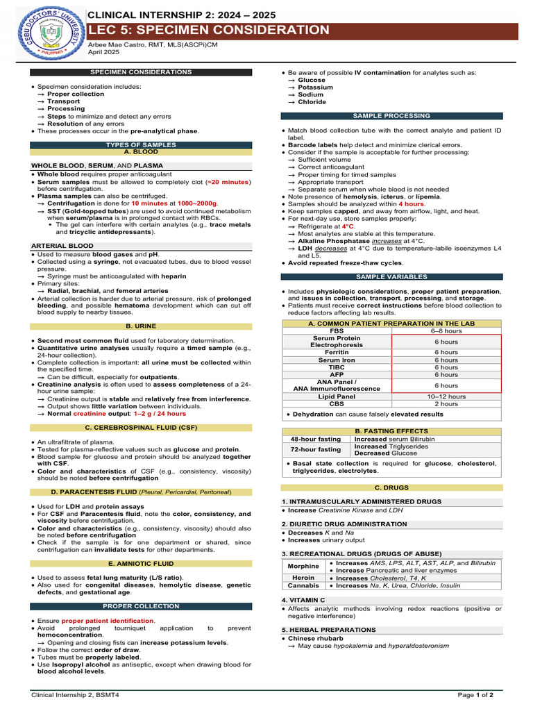 Lec 5 - Specimen Consideration | PDF | Blood Plasma | Medical Specialties