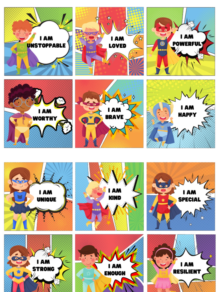 Superhero Positive Affirmation Feedback Flashcards in Colorful Comic ...