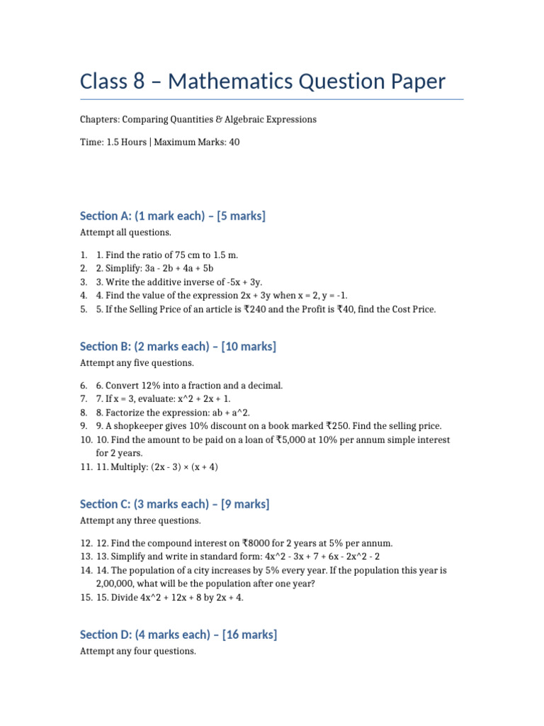 Class 8 Maths Question Paper | PDF