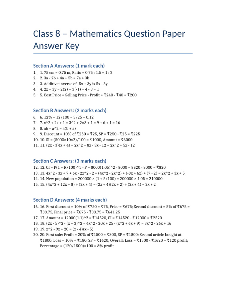 Class 8 Maths Question Paper Answer Key | PDF
