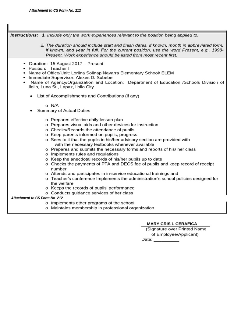 CS Form No. 212 Attachment Work Experience Sheet CERAFICA | PDF