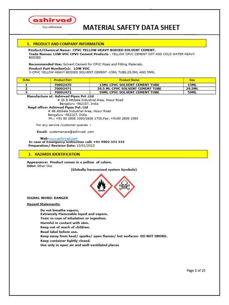 CPVC Yellow Heavy Bodied Solvent Cement - Msds | PDF | Solvent ...