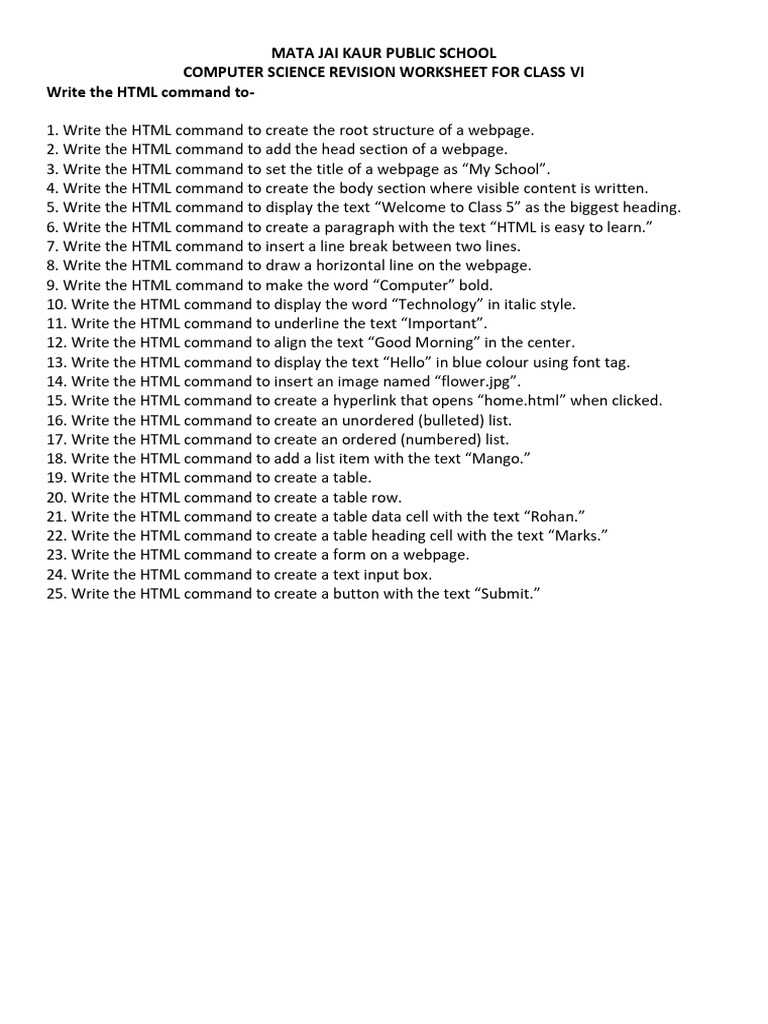 HTML Revision Worksheet Class VI | PDF