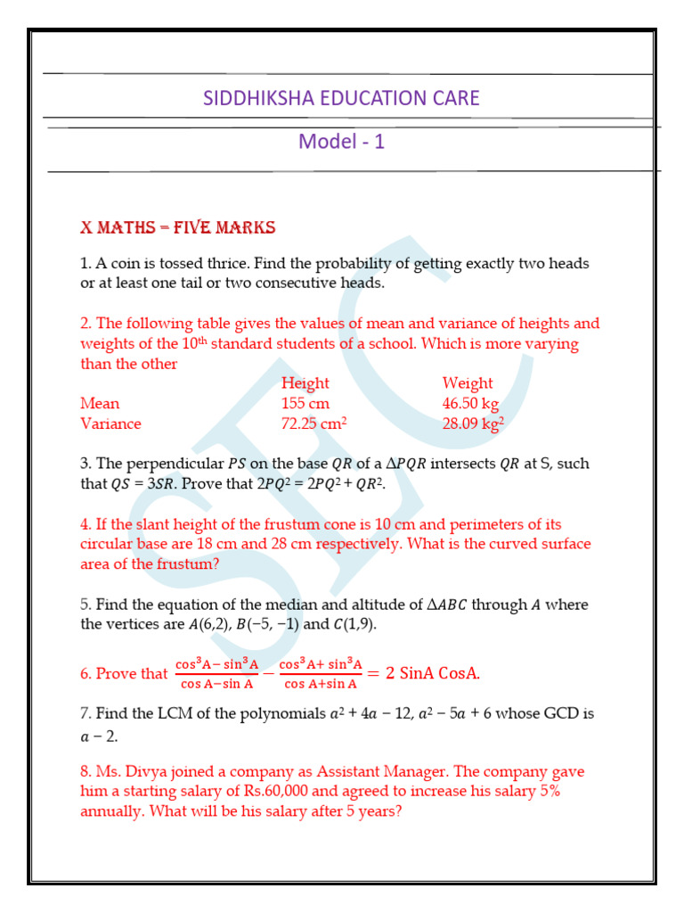 10th Maths EM - Important 5 Marks Questions - English Medium - PDF ...