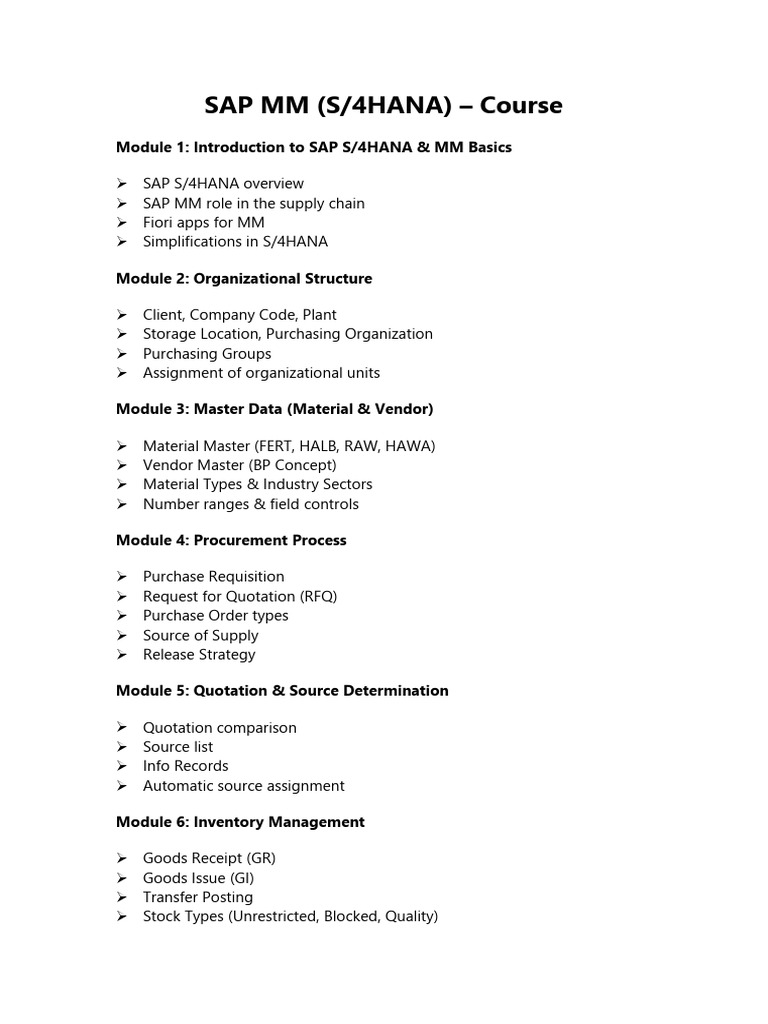 Infibee - SAP MM On S 4HANA Course Syllabus | PDF