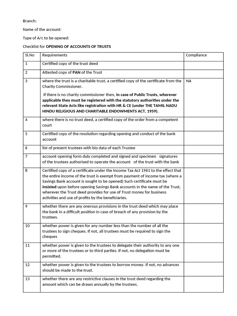 Trust Checklist Format | PDF | Trustee | Charitable Organization