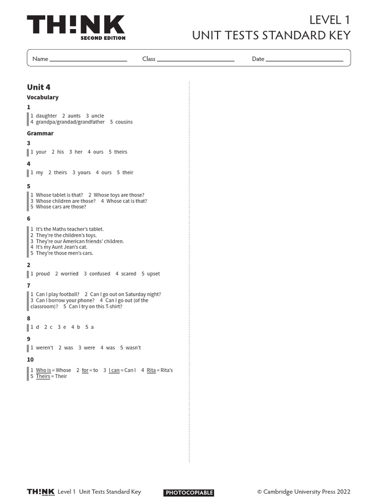 Thk2e BrE L1 Unit Test Standard Answer Key 4 | PDF