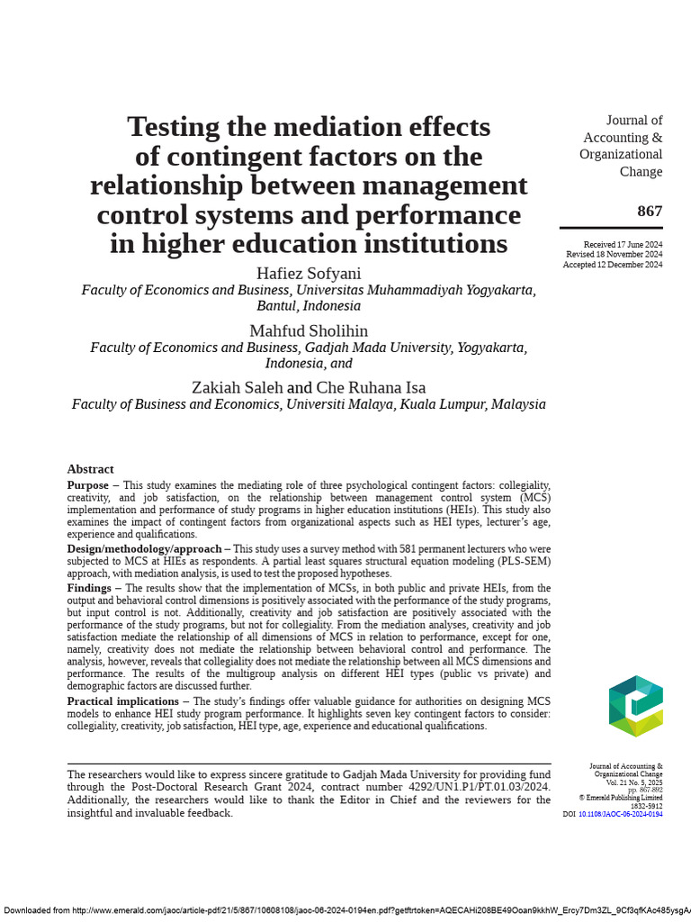 Testing The Mediation Effects of Contingent Factors On The | PDF | Job ...