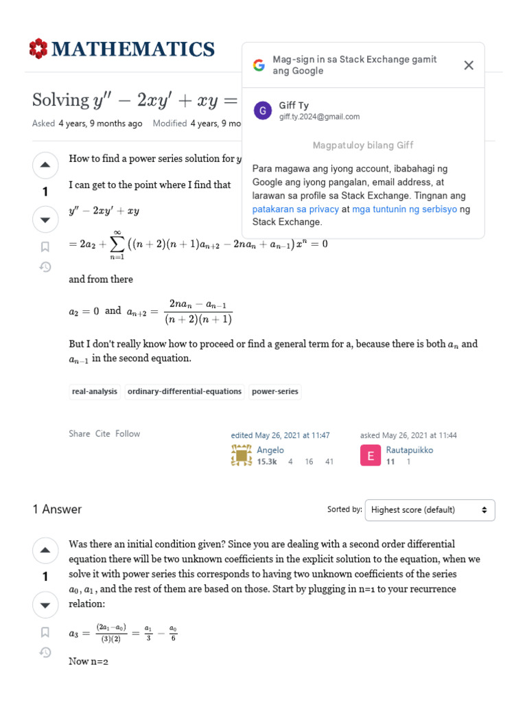 Real Analysis - Solving $y''-2xy'+xy 0$ Using Power Series ...