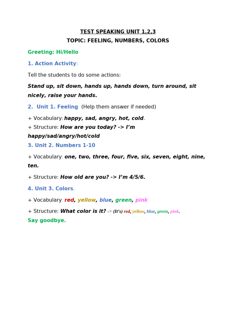 Test Speaking Unit 1,2,3 | PDF