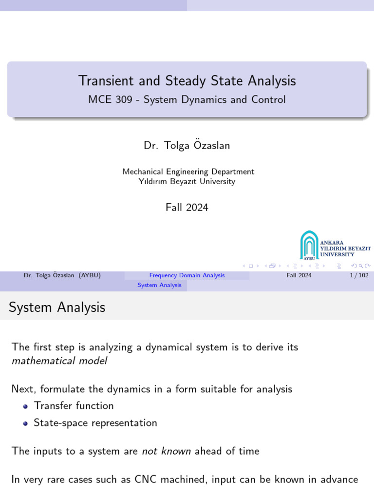 Transient and Steady State Analysis: MCE 309 - System Dynamics and ...