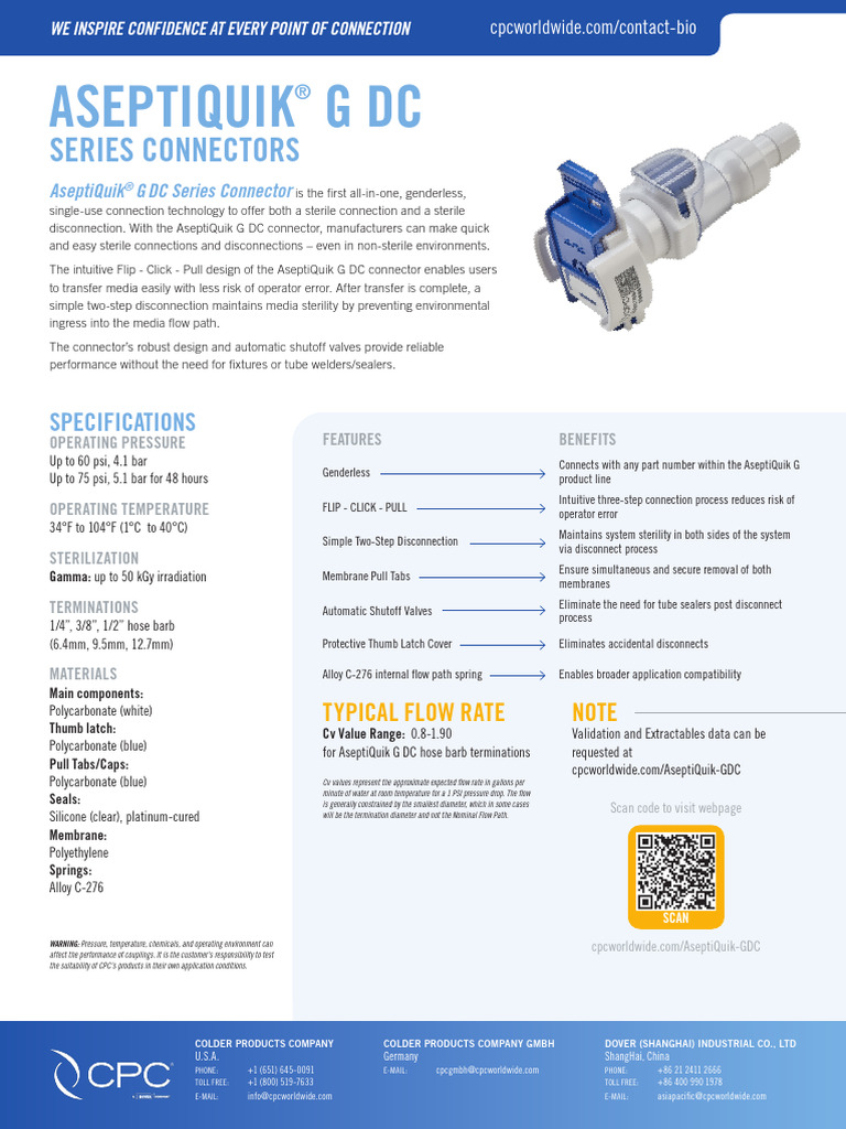 CPC Aseptiquik G DC Spec Sheet | PDF | Sterilization (Microbiology)
