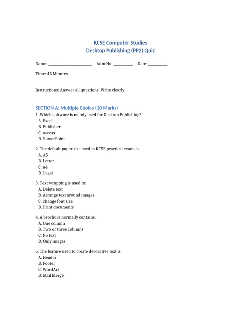 KCSE DTP Desktop Publishing Quiz | PDF