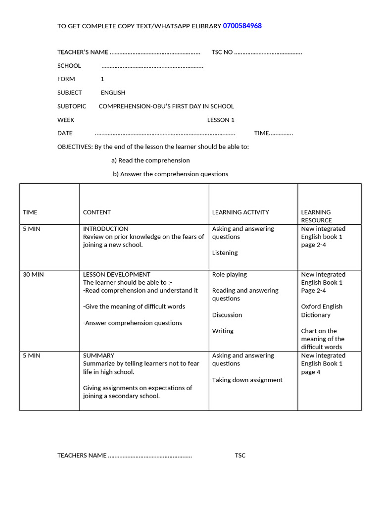 English Lesson Plan | PDF | Reading Comprehension | Lesson Plan