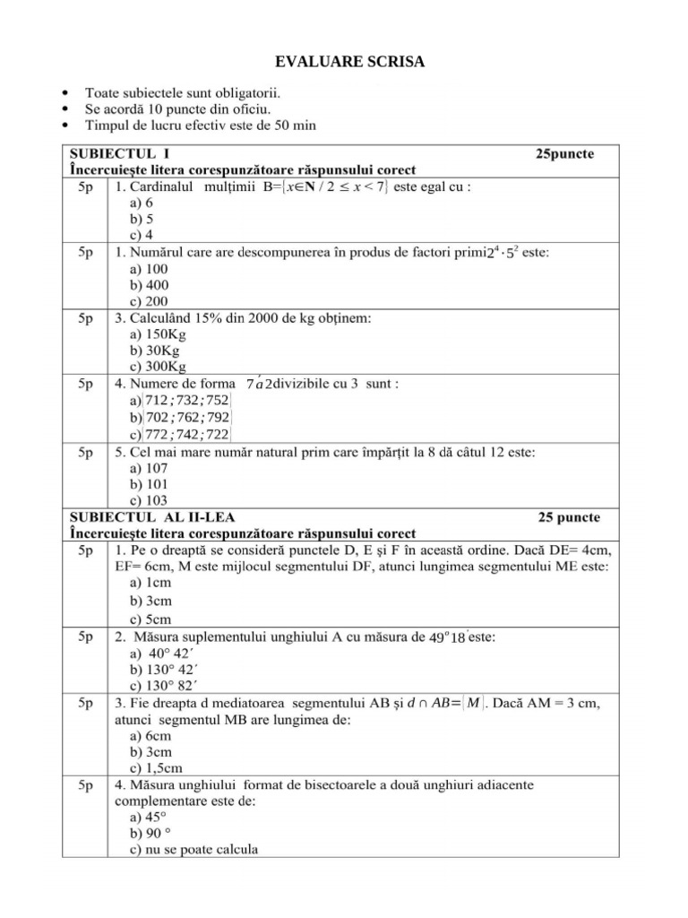 Test Clasa 6 | PDF