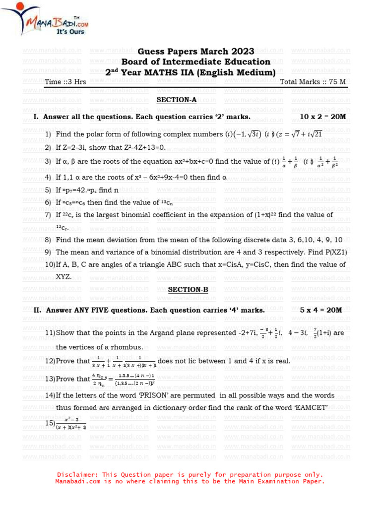 Inter 2nd Year Mathematics IIA (English Medium) 2023 Guess Paper | PDF ...