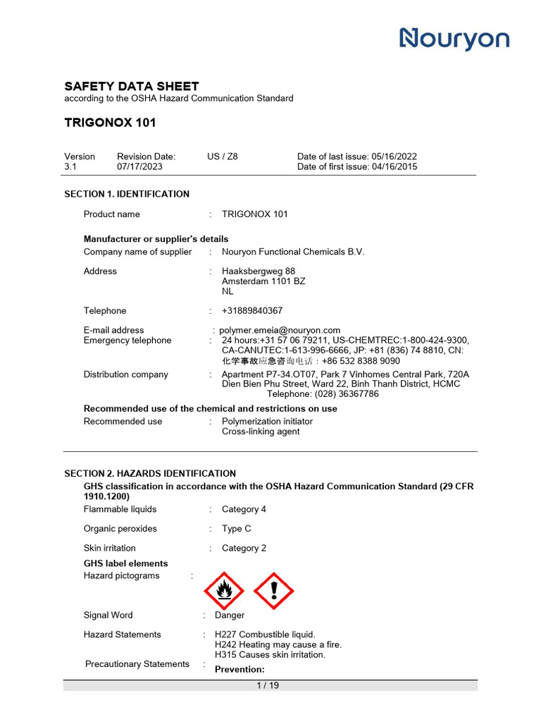 Trigonox 101 Us z8 | PDF | Dangerous Goods | Toxicity