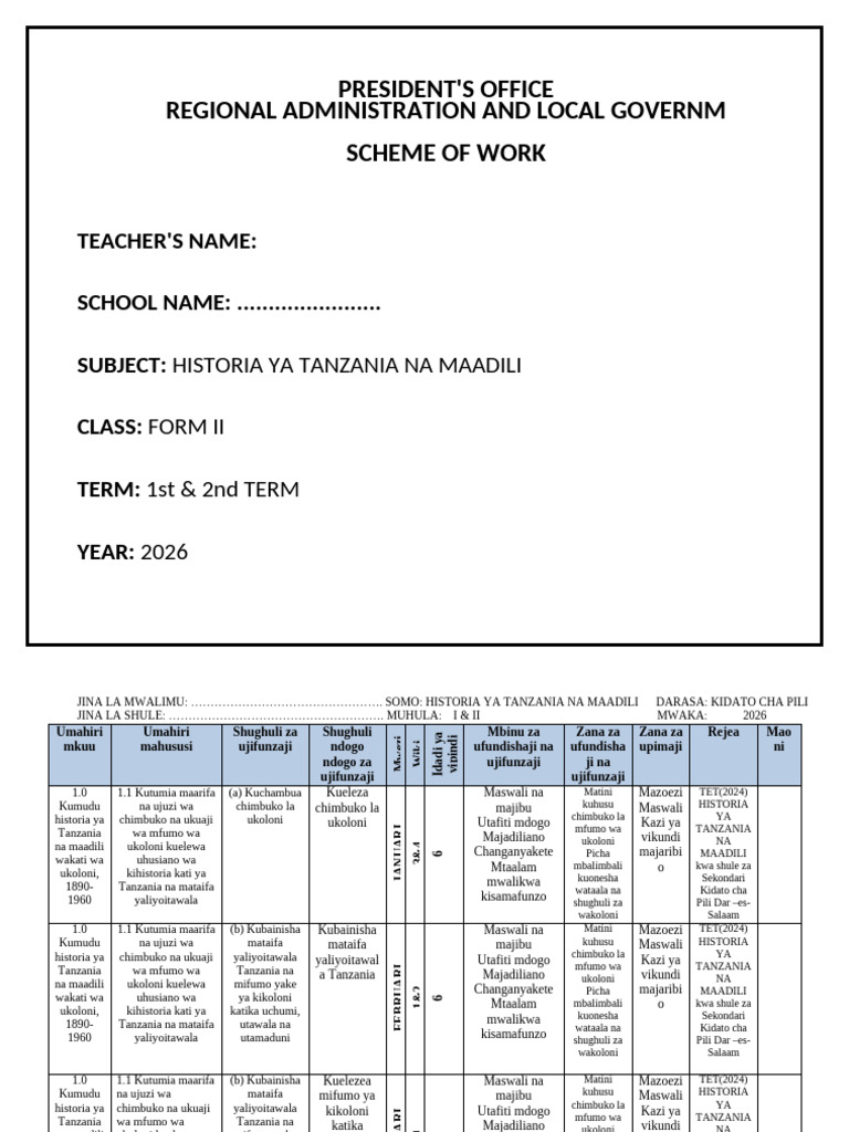 Scheme of Work 2026 Form II Historia Ya Tanzania Na Maadili | PDF