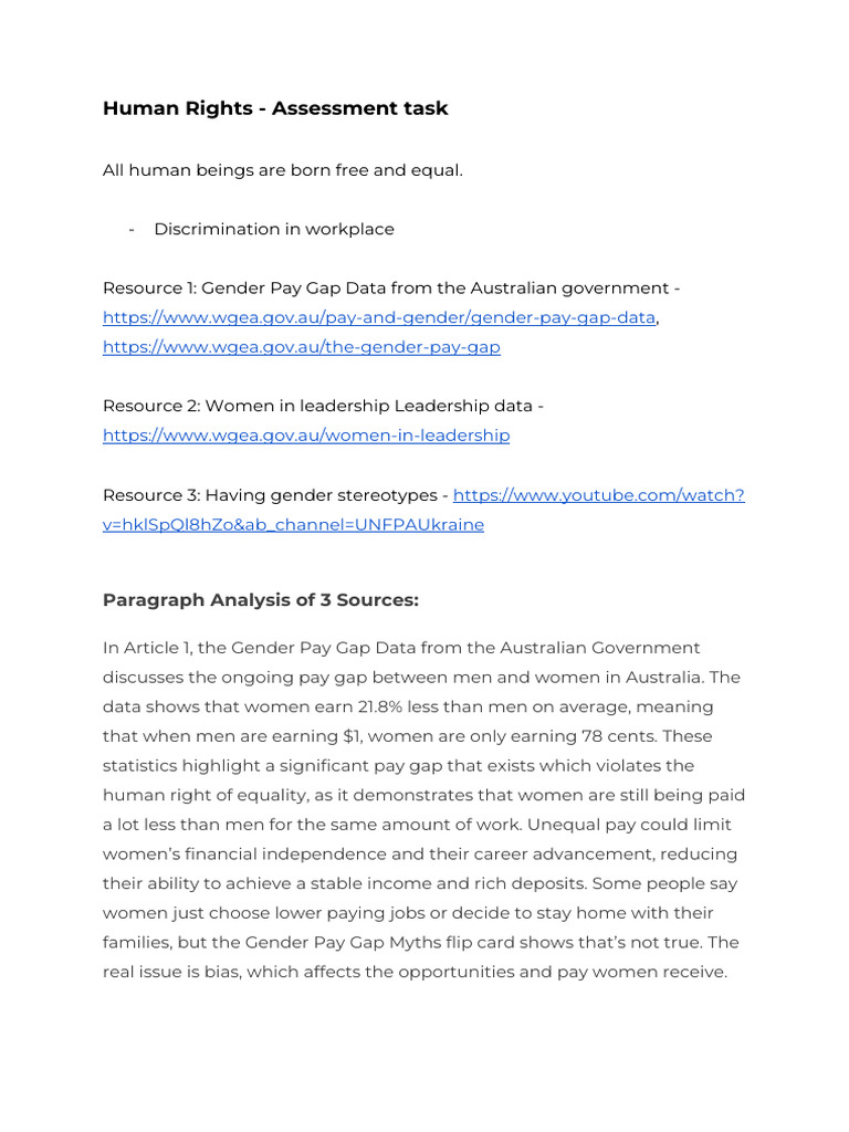 Human Rights - Assessment Task | PDF | Gender Pay Gap | Gender Role