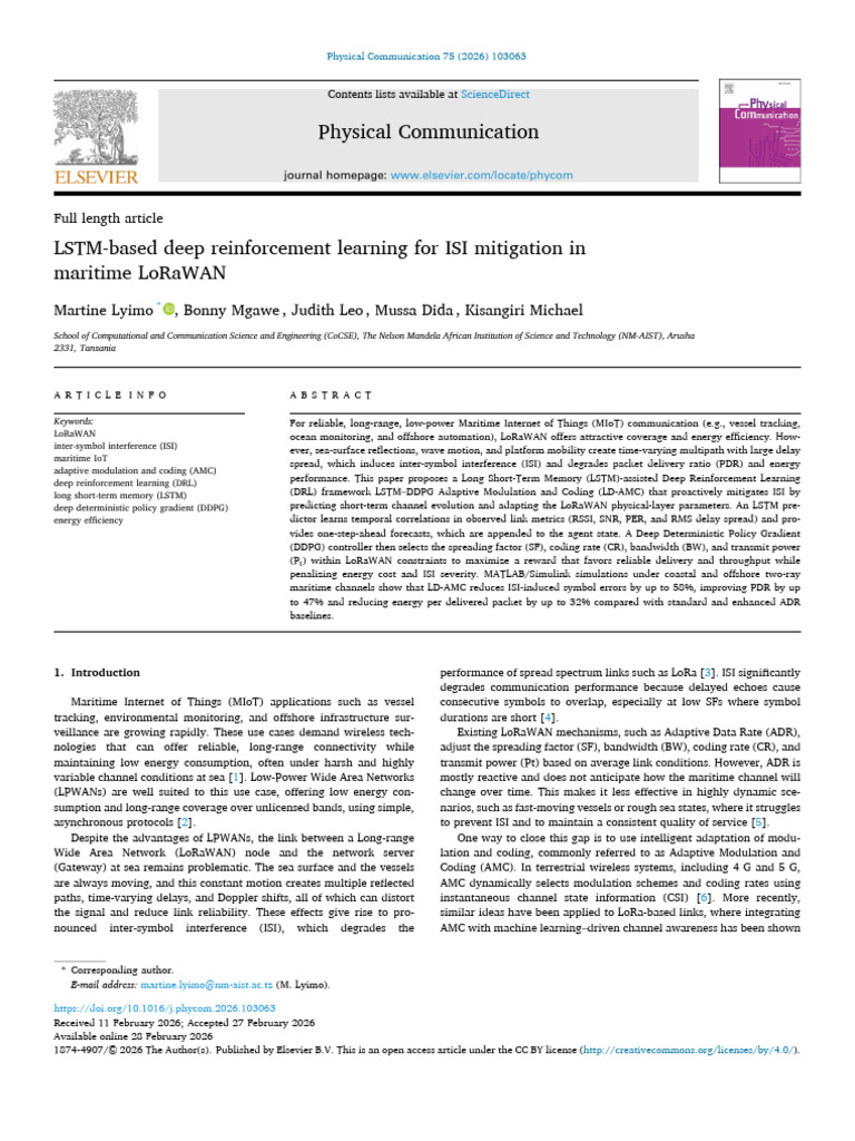 LSTM-based Deep Reinforcement Learning For ISI Mitigation in Maritime ...