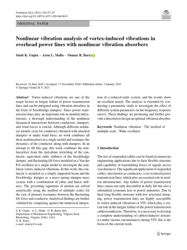 Nonlinear Vibration Analysis of Vortex-Induced Vibrations in Overhead ...
