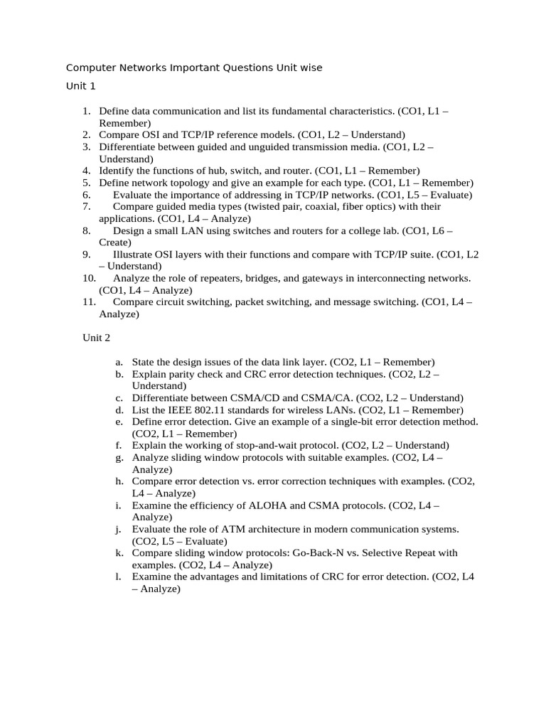 Computer Networks Important Questions Unit Wise | PDF