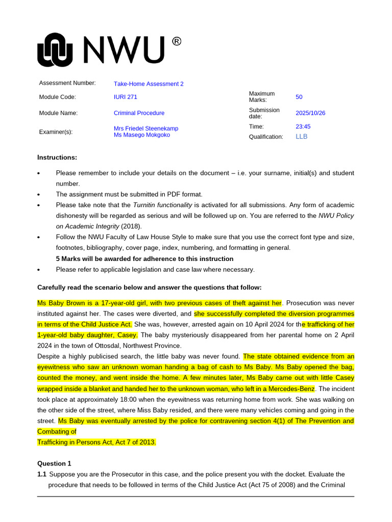 IUR 271 Take Home Assessment | PDF | Criminal Law | Crimes